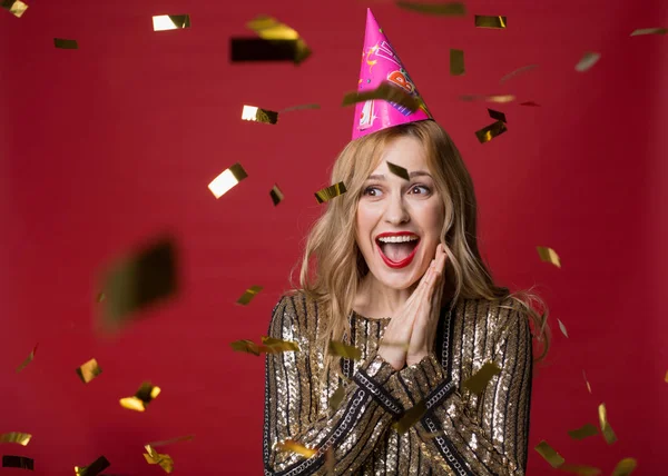 Delighted female having fun on birthday party — Stock Photo, Image