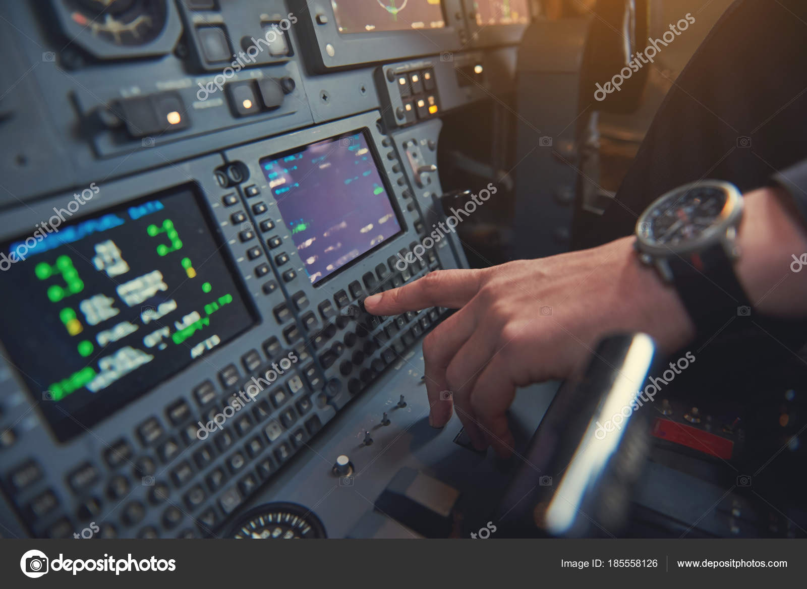 Pilot Hand Pressing Knob In Cabin Stock Photo C Iakovenko123