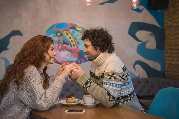 Cute loving couple dating in cafeteria — Stock Photo, Image