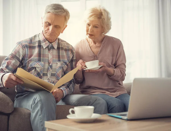Pensionistas casados leyendo el documento juntos — Foto de Stock