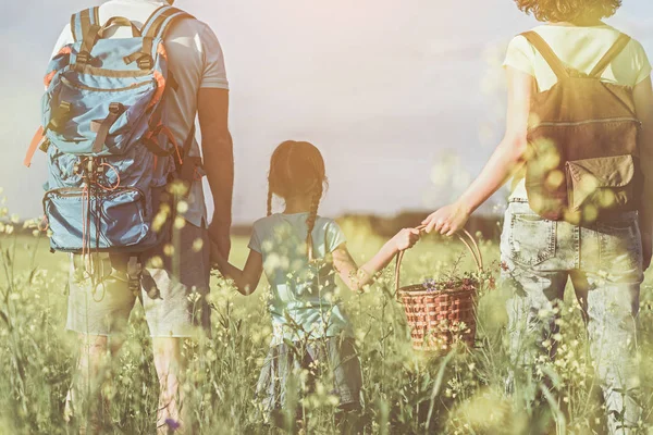 Padres amigables e hija caminando en el prado — Foto de Stock