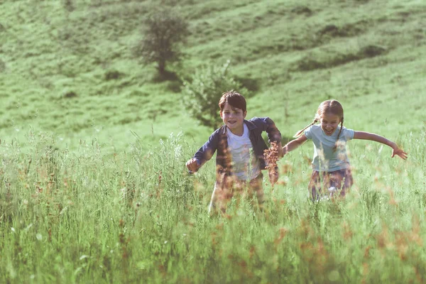 Emocionado chico y chica brillando en la hierba —  Fotos de Stock