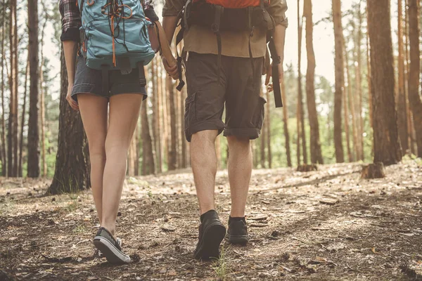 Дівчинка і хлопчик гуляють в лісі — стокове фото