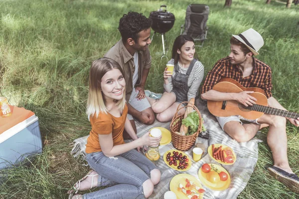 Zorgeloos jongeren organiseren gezellige picknick — Stockfoto