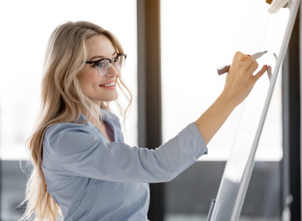 Inspired businesswoman planning project near flip charts