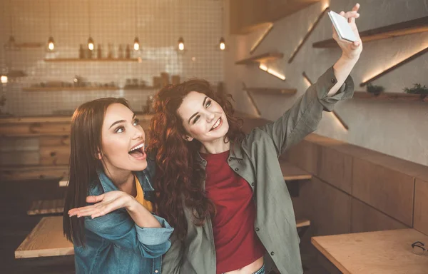 Dos mujeres salientes haciendo selfie en el teléfono inteligente en interiores —  Fotos de Stock