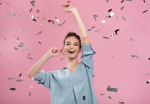 Happy young female is expressing happiness — Stock Photo, Image