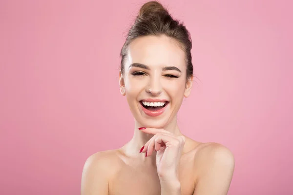 Positive girl is expressing pleasure from her skin — Stock Photo, Image