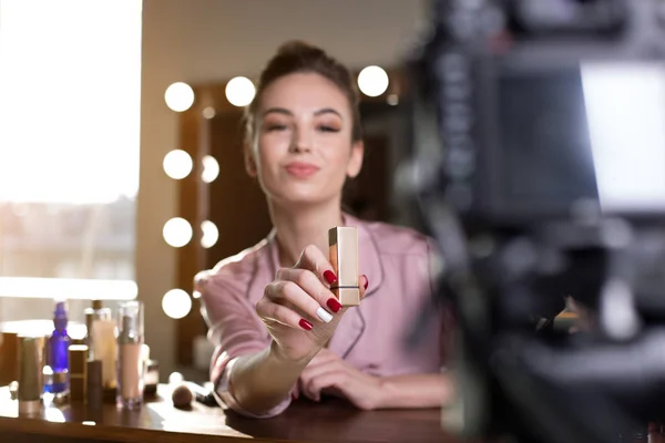 Cheerful young woman is recording video — Stock Photo, Image