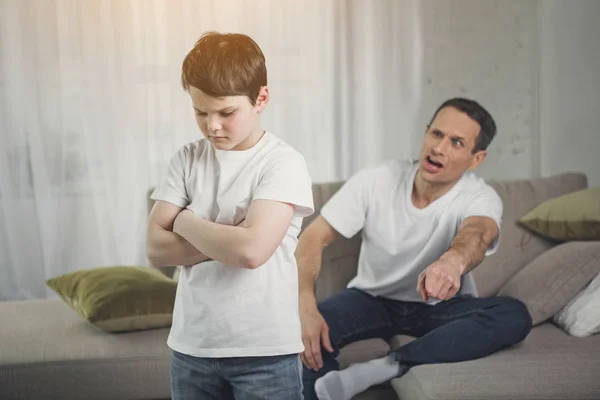 Sad boy listening to angry dad screams — Stock Photo, Image