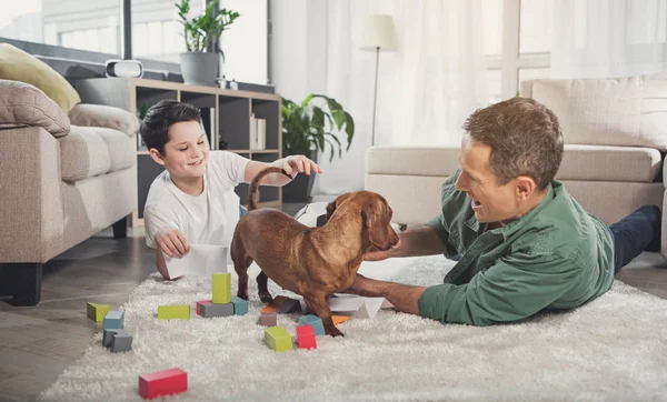 Feliz padre e hijo jugando con el perro en casa — Foto de Stock