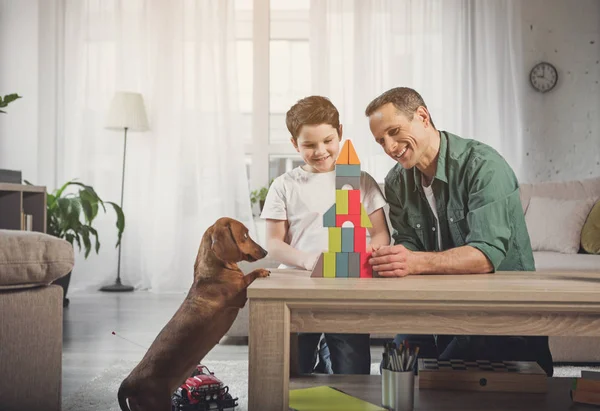 Alegre padre e hijo divirtiéndose con perro en casa — Foto de Stock
