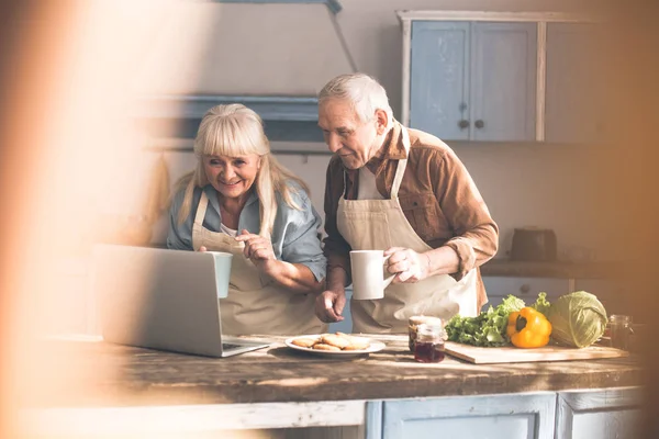 Aufgeregtes älteres Paar liest Rezept am Computer — Stockfoto