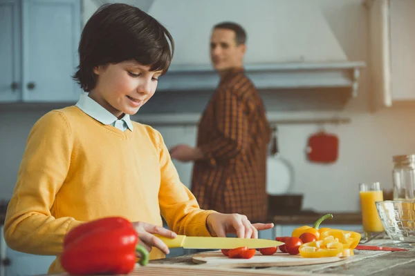 Enjoyed kid assisting his dad in kitchen — Stock Photo, Image