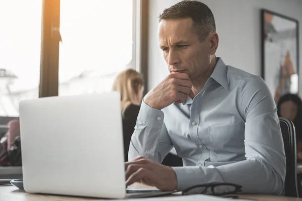 Koncentrovaná, muž sleduje na laptop — Stock fotografie