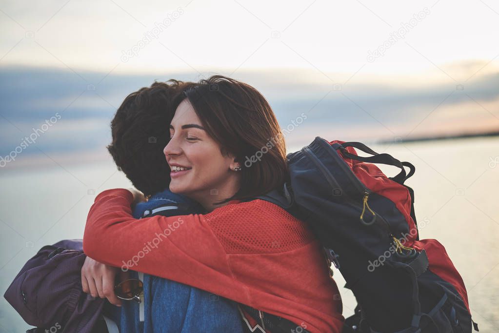 Joyful loving couple finally got the place of destination