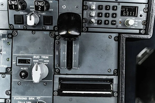 Top view of aircraft cockpit instrument panel — 스톡 사진