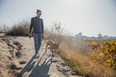 Sahibi tepeden aşağıya elinde büyük bir köpekle yürüyor.