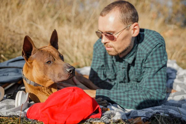 Серьезный человек со своим тихим фото собачьего поводка — стоковое фото