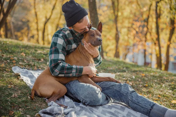 Young man kissing pet and hugging him stock photo — Stock Photo, Image