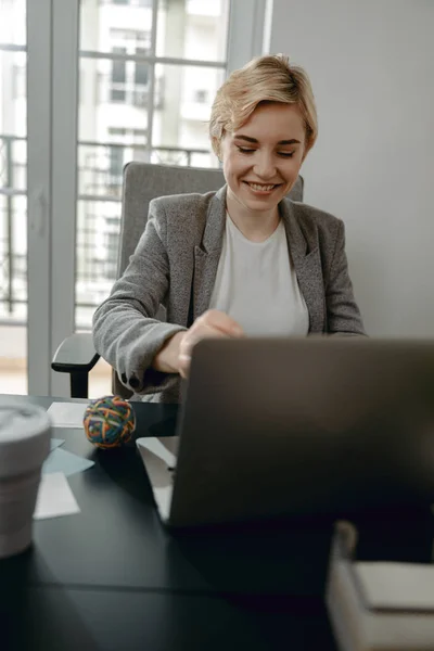 Sorrindo bela mulher trabalhando com laptop no escritório — Fotografia de Stock
