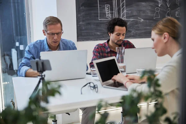 Equipo creativo que usa computadoras portátiles mientras trabaja en el proyecto — Foto de Stock