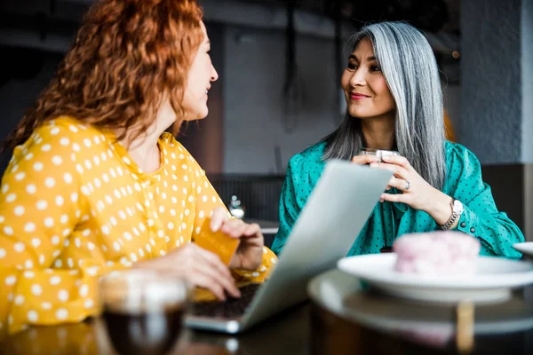 Two beautiful joyful ladies chatting in cafe — 스톡 사진
