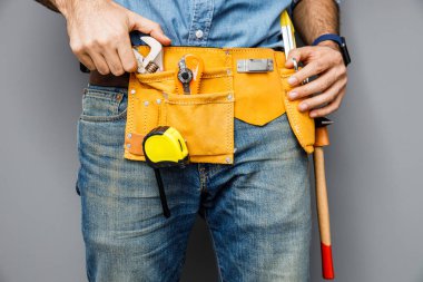 Man with set of hand tools stock photo