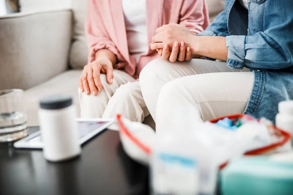 Young lady and her grandmother sitting on couch and holding hands — Stock Photo, Image