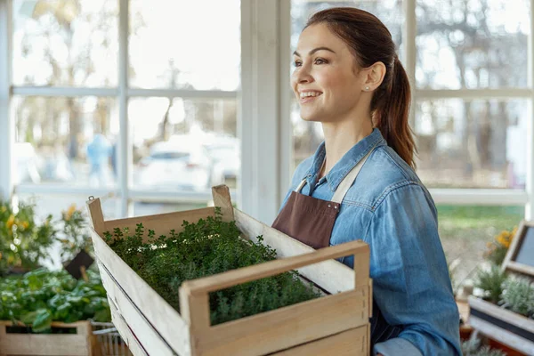 Smiling woman holding seedlings placed in a box — Stock Photo, Image