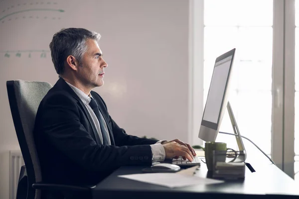 Uomo maturo in giacca e cravatta guardando schermo del computer — Foto Stock