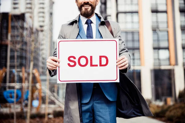 Happy bearded middle-aged Caucasian man standing outdoors — Stock Photo, Image