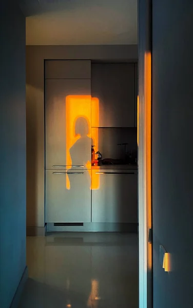 Mujer joven proyectando sombra en apartamento moderno — Foto de Stock