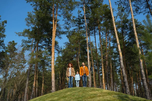 Liefdevolle ouders en schattige dochter staan op gras heuvels — Stockfoto