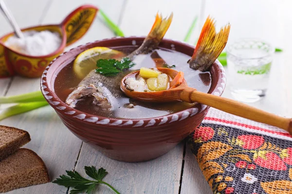 Sopa de peixe russo no fundo rústico — Fotografia de Stock