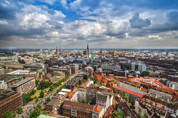Overlook from the Michelin Tower to the old town part of Hamburg, Germany
