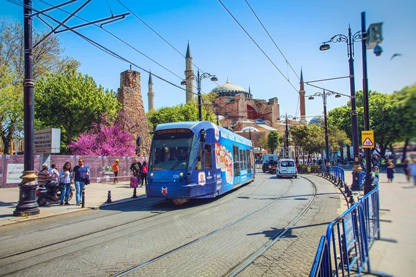 Blue modern tram moving along historical Sultanahmet square — Stock Photo, Image