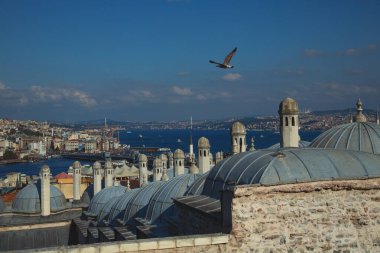 İstanbul, Türkiye 'nin panoramik manzarası. İstanbul, Süleyman 'ın kubbe ve bacalarından geçerek