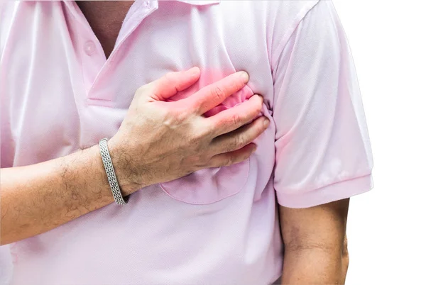 Hombre con dolor en el pecho - ataque al corazón aislado en el fondo blanco — Foto de Stock