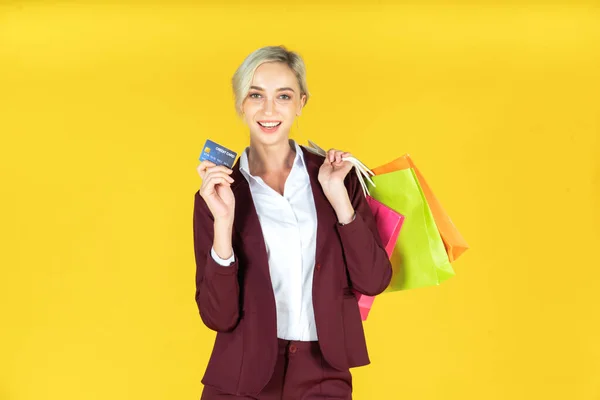 Portrait of beautiful women holding shopping bags with credit ca — Stock Photo, Image