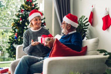 Noel Baba şapkalı tatlı çift eğleniyor ve gülümsüyor.