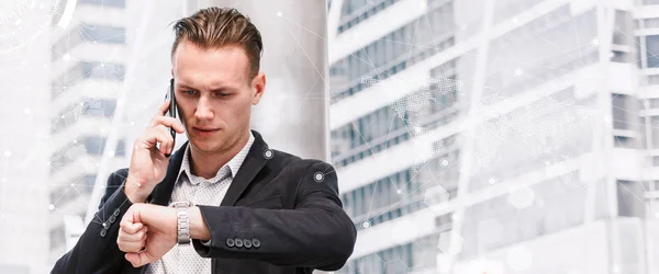 Handsome businessman using his smartphone.Banner with copy space — Stock Photo, Image