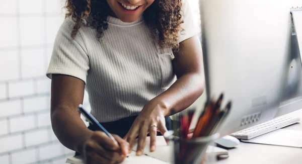 African american black woman working with laptop computer.creati — Stock Photo, Image