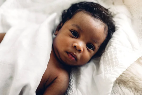 Portrait of cute adorable little african american baby sleep in — 스톡 사진