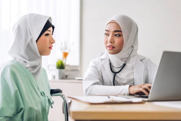 Muslim Asian Female Doctor Consulting Check Information Laptop Computer Muslim — 스톡 사진