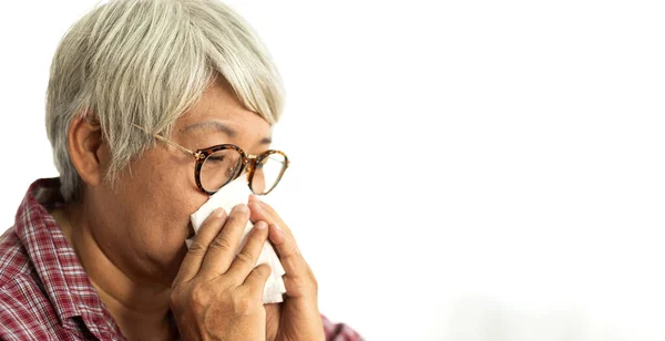 Sick Senior Asian Woman Blowing Her Nose Paper Tissue Sneezing — Stock Photo, Image