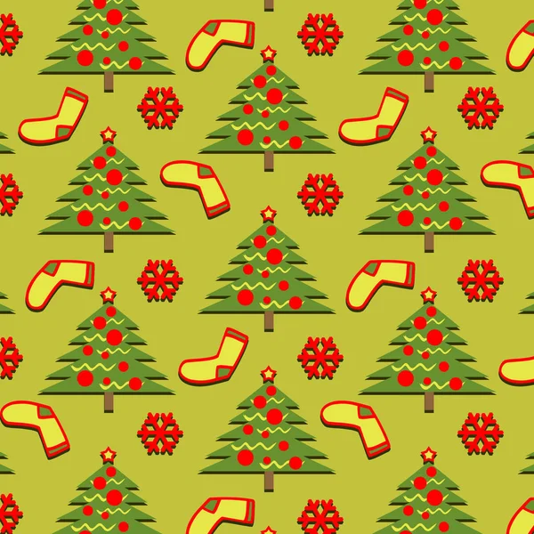 Christmas pattern. Background. Christmas tree, Christmas socks and snowflake