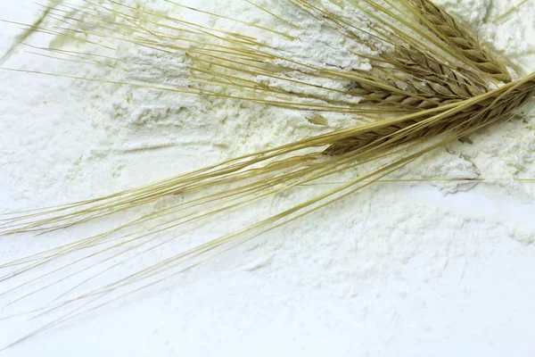 Spilling wheat flour and ears on a white background — Stock Photo, Image