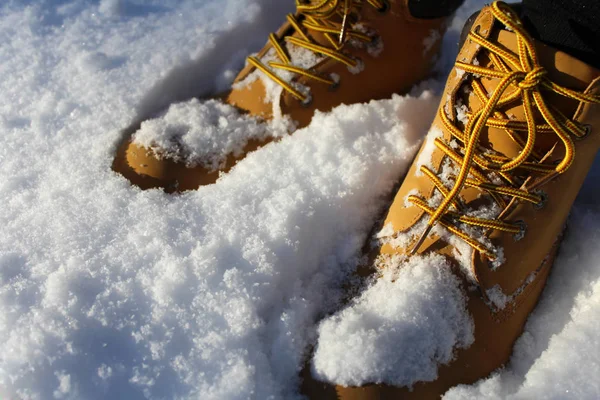 メンズ冬スエード ブーツ雪の中で. — ストック写真