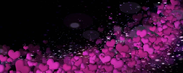 Ljusa hjärtan på svart bakgrund. Panorama. 3D vektorillustration — Stockfoto